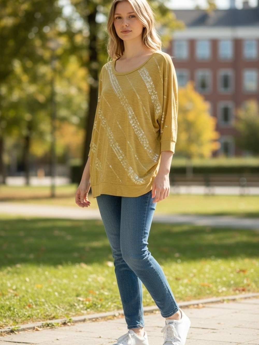 Women's Metallic Stripe Dolman Tunic Hoodie - Mustard